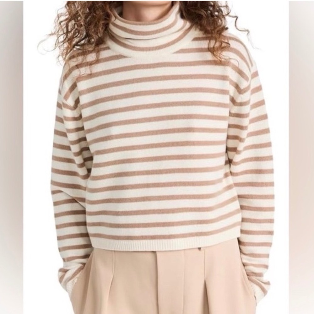 Theory Cropped Wool Cashmere Striped Turtleneck‎ Sweater Brown Ivory - Large